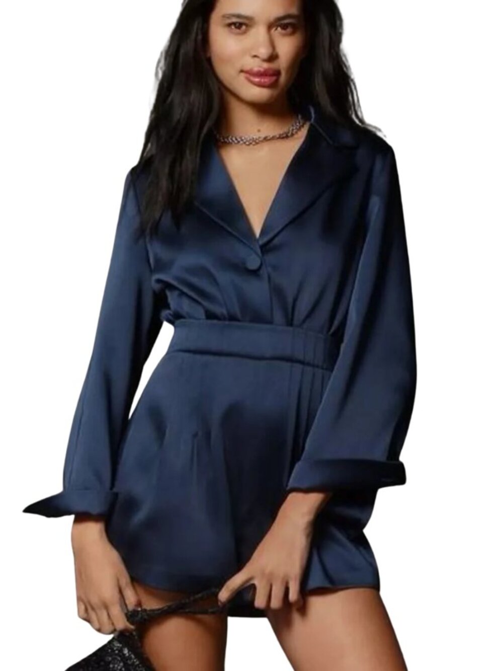 Mare Mare Anthropologie Navy Satin Long-Sleeve Blazer Romper